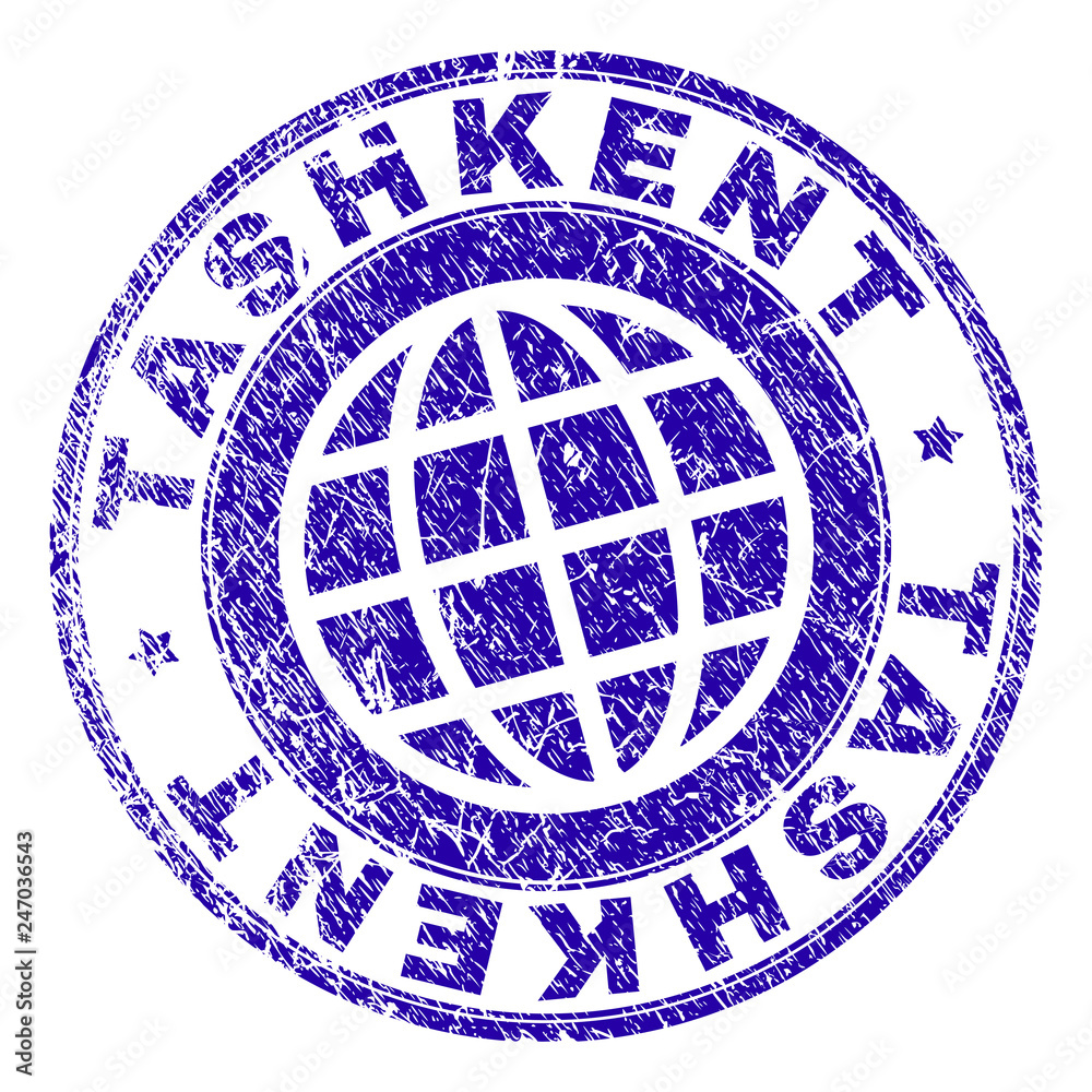 TASHKENT stamp watermark with grunge texture. Blue vector rubber seal imprint of TASHKENT title with grunge texture. Seal has words arranged by circle and globe symbol.