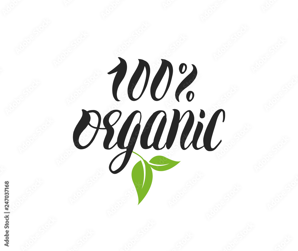 Fototapeta premium 100% Organic natural product handwritten lettering with green leaves