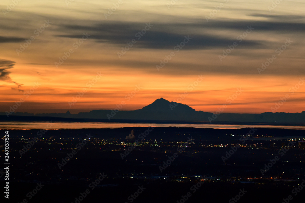 Sunset of Anchorage city lights