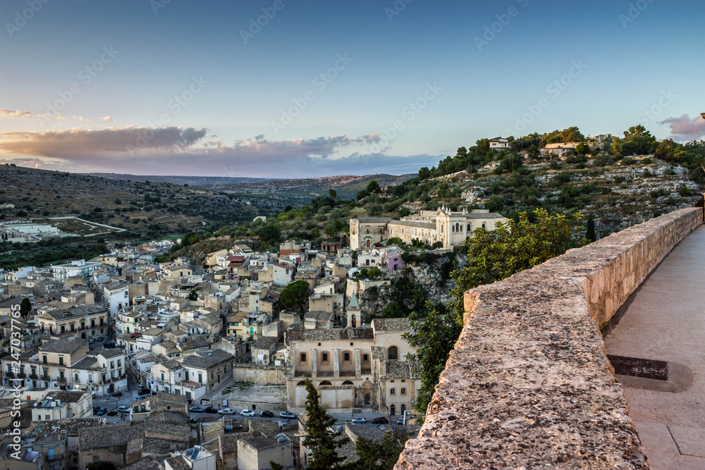 Scicli, Ragusa Ibla Sicily, Italy. Sicilian landscape at sunset, white stone buildings