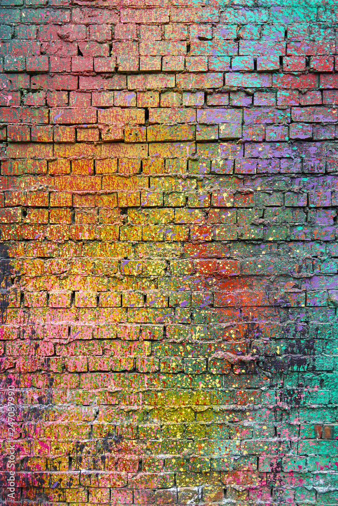 Fototapeta premium Textured Old Brick Wall with Colorful Splashes of Paint