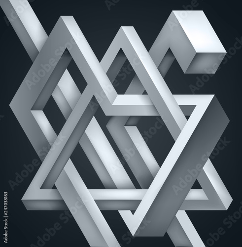 3D Twisted Composition of abstract forms. Shapes puzzle. Vector unreal construction on dark background