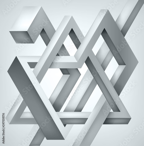 3D Twisted Composition of abstract forms. Shapes puzzle. Vector unreal construction