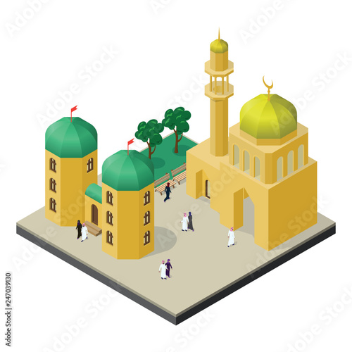 City life in isometric view. Mosque with minaret, urban building, trees, benches, men and women in muslim clothes.