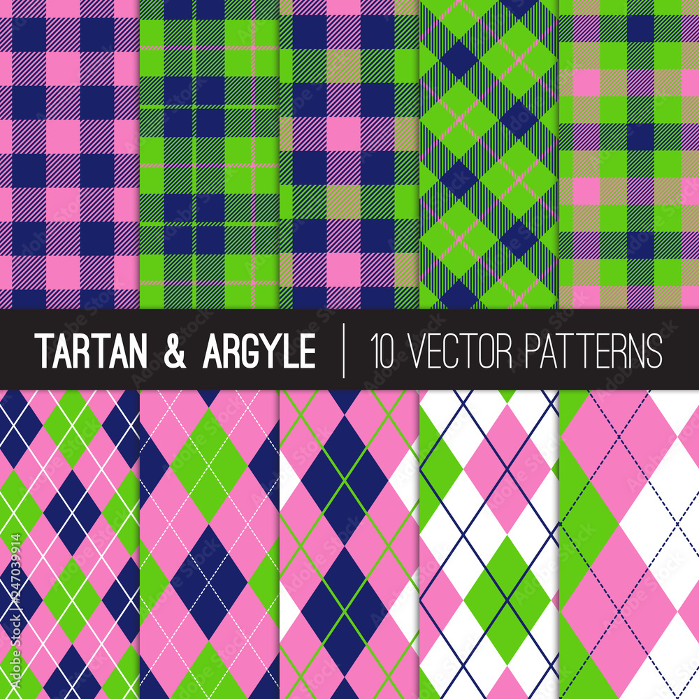 Navy Pink Green Golf Vector Patterns Argyle, Tartan and Gingham Plaid