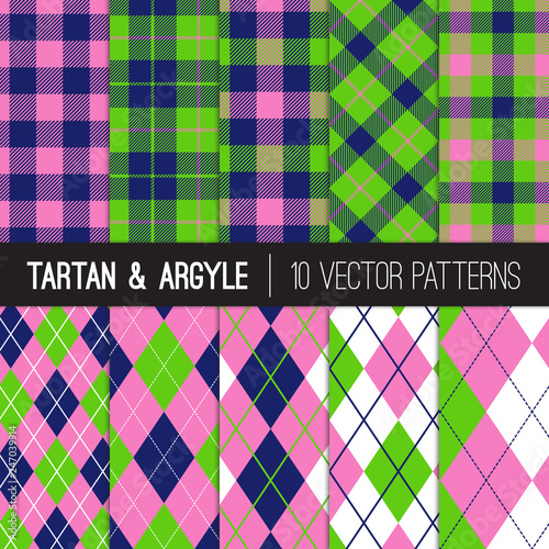 Navy Pink Green Golf Vector Patterns: Argyle, Tartan and Gingham Plaid. Preppy Style Women's Golf Fashion Backgrounds. Birthday Party or Charity Golf Events Decor. Pattern Tile Swatches Included.