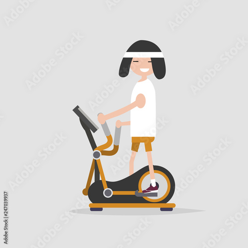 young character doing exercise with elliptical machine.flat cartoon design