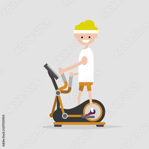 young character doing exercise with elliptical machine.flat cartoon design