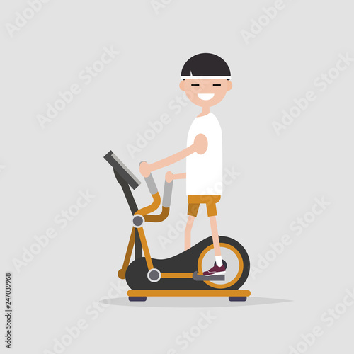 young character doing exercise with elliptical machine.flat cartoon design