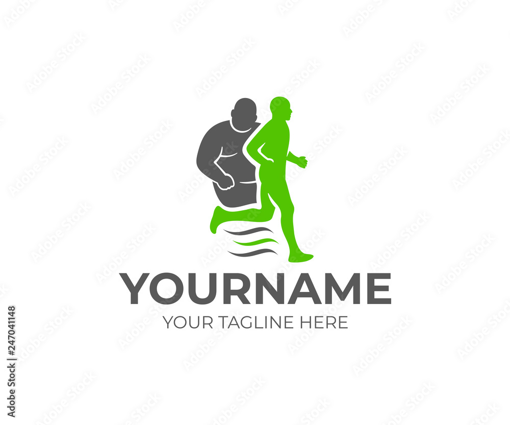 Obesity and weight loss, obese person and running healthy person, logo design. Fitness, sport, healthy lifestyle and physical education, vector design and illustration