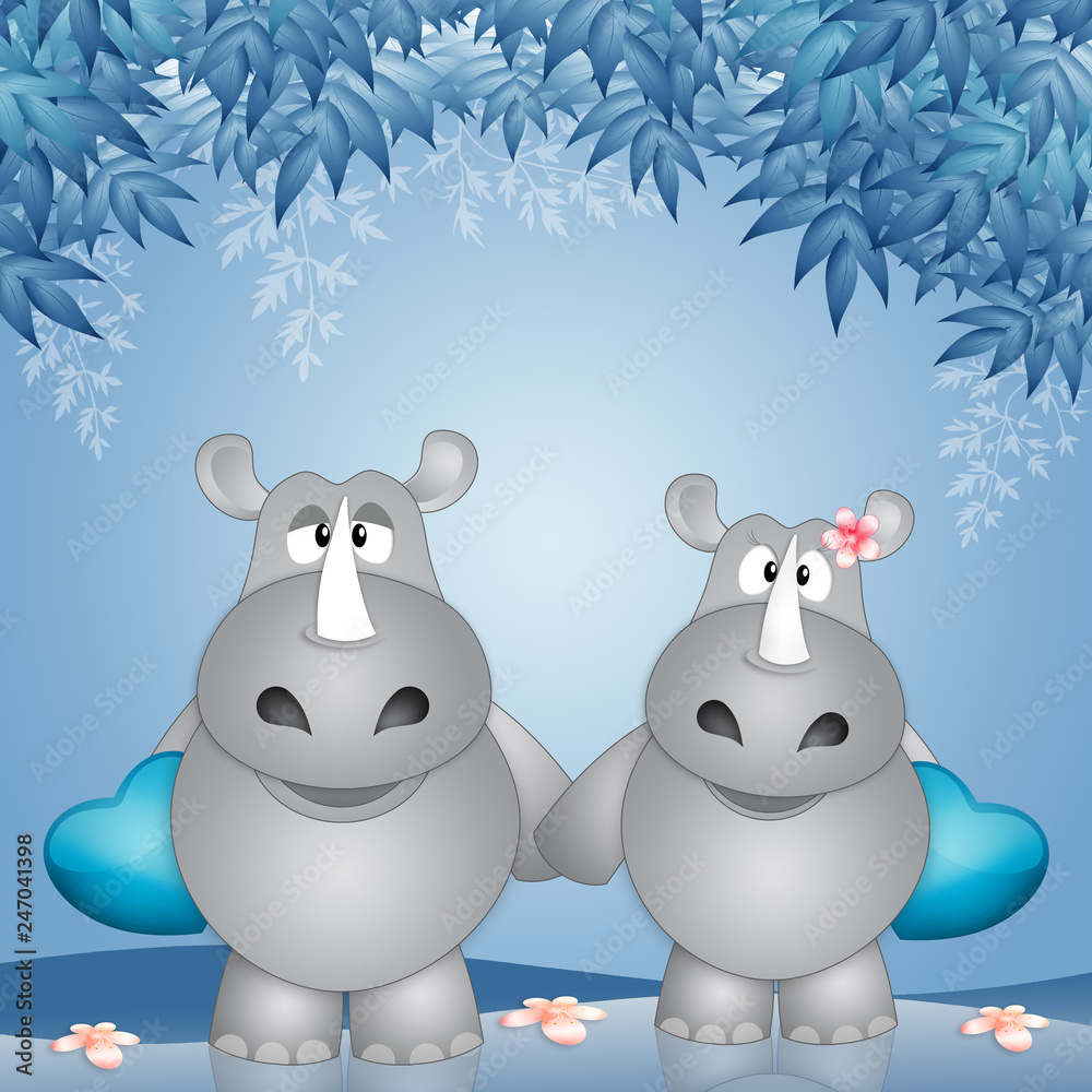 Obraz premium ilustracja przedstawiająca dwa nosorożce z sercami