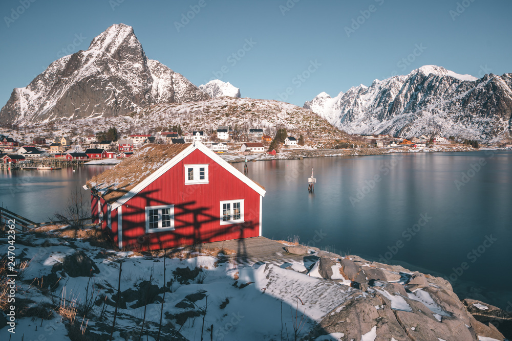 Red House in Norway, rorbu typical house in the Lofoten Islands