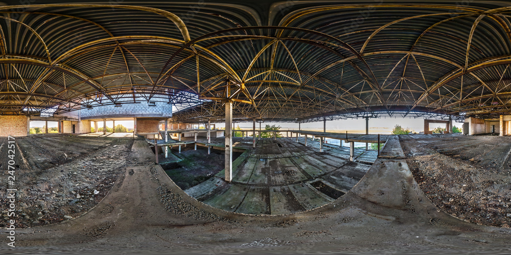 Full spherical seamless hdri panorama 360 degrees angle view concrete structures abandoned unfinished building of airport in equirectangular equidistant projection, VR AR content Full spherical seamless hdri panorama 360 degrees angle view concrete structures abandoned unfinished building of airport in equirectangular equidistant projection, VR AR content