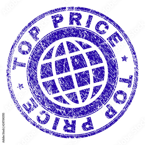 TOP PRICE stamp imprint with distress texture. Blue vector rubber seal imprint of TOP PRICE text with grunge texture. Seal has words placed by circle and planet symbol.