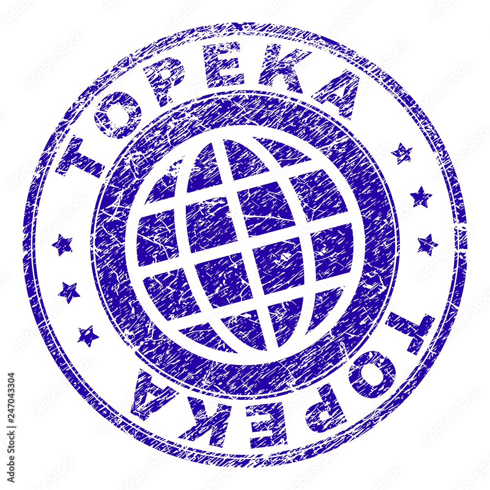 TOPEKA stamp imprint with distress style. Blue vector rubber seal imprint of TOPEKA tag with dust texture. Seal has words placed by circle and planet symbol.