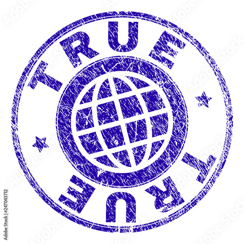 TRUE stamp watermark with grunge texture. Blue vector rubber seal print of TRUE label with dust texture. Seal has words arranged by circle and globe symbol.