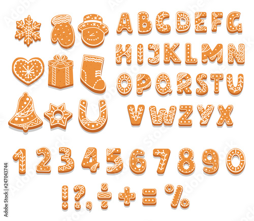 Set of gingerbread cookies alphabet, numbers, holiday treat, sweet pastries of different shapes, punctuation marks, vector illustration.