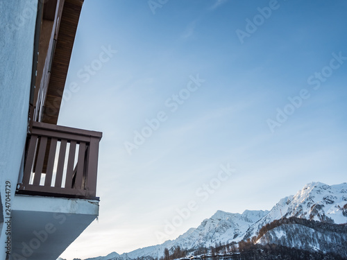 View of the snowy mountains from the balcony of the Ice Hotel Rosa Khutor