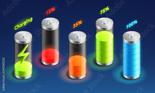 Set of battery charge isometric icon, accumulator indicator, from full charge to discharged, isometric battery vector illustration.