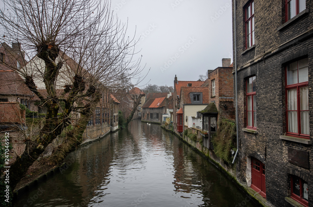 View of canal at Bruges with historical houses on both sides