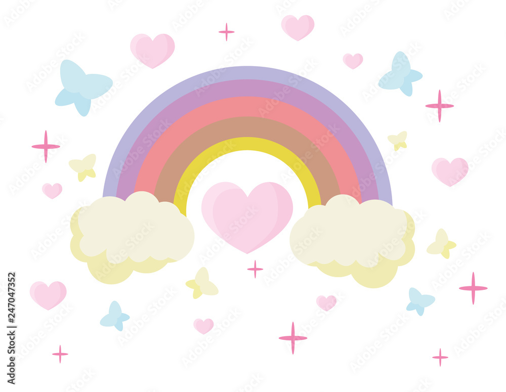 Love heart on the background of a fabulous rainbow. A rainbow escaping from two clouds rounds sensual heart