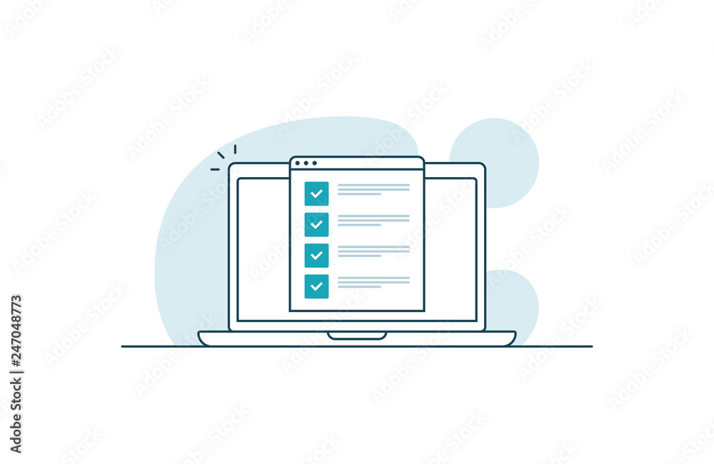 Laptop with checklist. Workspace with laptop and browser with checkboxes. Vector illustration in line art style