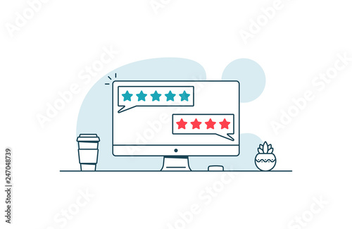 Computer with customer review rating. Vector illustration in line art style