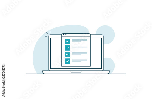 Laptop with checklist. Workspace with laptop and browser with checkboxes. Vector illustration in line art style