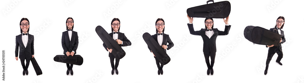 Man with violin case isolated on white