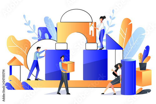 Teamwork, cooperation concept. Vector flat illustration. People build construction from cubes, business metaphor.