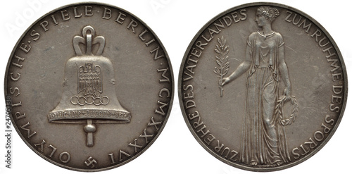 Germany German medal Olympic Games in Berlin in 1936, large bell with eagle in center, allegoric Greek female holding laurel wreath and sprig, Nazi regime of Third Reich
