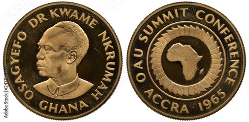 Ghana Ghanaian golden medal commemorating OAU Summit Conference in Accra in 1965, head of Kwame Nkrumah left, African continent surrounded by ring of flags within central circle,  photo
