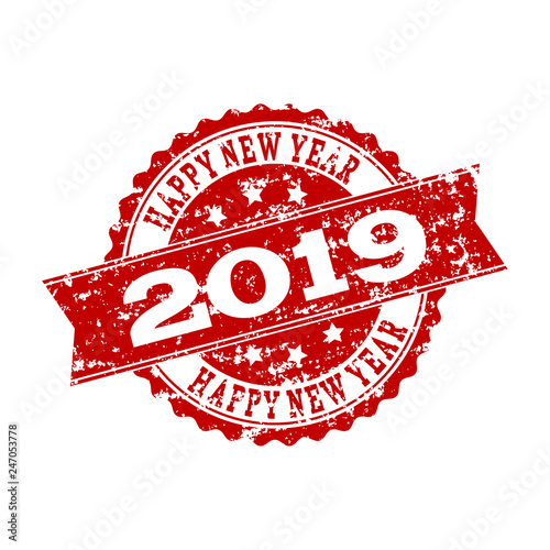 Grunge red HAPPY NEW YEAR 2019 stamp seal. Vector HAPPY NEW YEAR 2019 rubber watermark with scratced effect. Isolated red colored watermark on a white background. photo