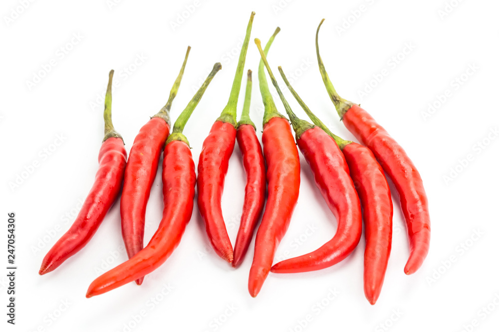 chilli pepper with green tails set of spicy vegetable spices red pods on white background isolated