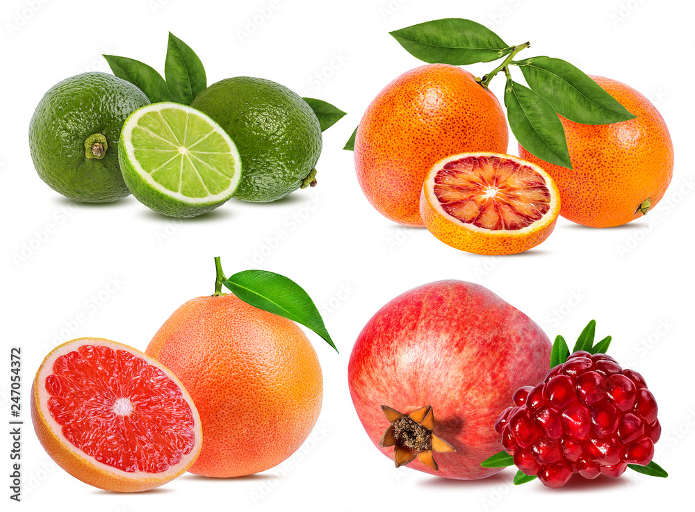 Citrus Fruit Set orange, grapefruit, lime, pomegranate isolated on white background.
