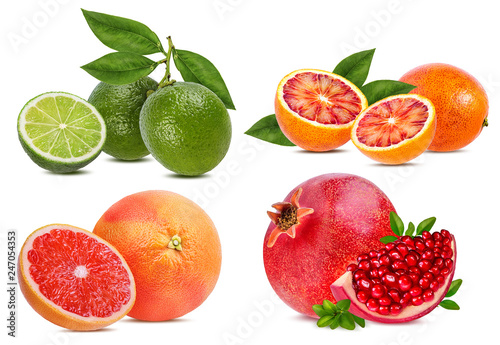 Citrus Fruit Set orange, grapefruit, lime, pomegranate isolated on white background.