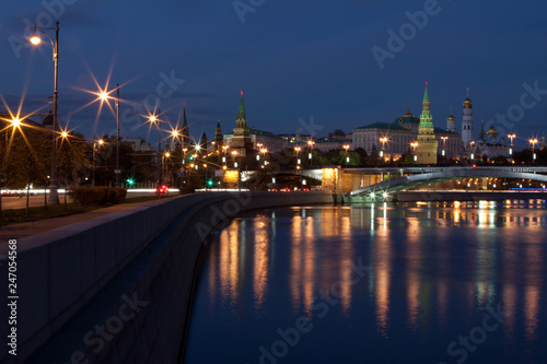 View of the Moscow Kremlin and the Kremlin Embankment of the Moscow River in the evening.