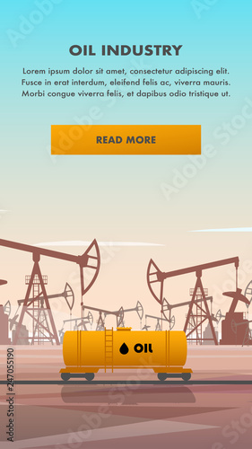 Flat Illustration Yellow Rail Tanker Oil Industry. Vector Banner Transport for Transportation Petroleum Products Railway Freight Car. Crude Oil Production Plant. Derrick. Global Business Company