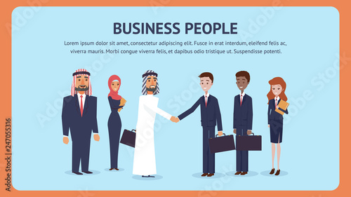 Meeting Business People for Signing an Agreement. Group Man, Woman Business Negotiations. Bearded Arab Man Shaking Hands with Guy in Suit. Signing Lucrative Contract. International Cooperation Company