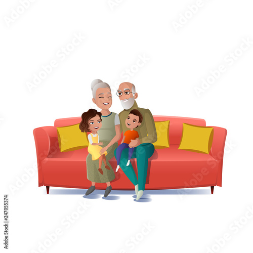 Senior Couple Playing, Having Fun with Kids Cartoon Vector Isolated on White Background. Happy Smiling Grandmother and Grandfather Sitting on Sofa with Boy and Girl Grandchildren on Knees Illustration