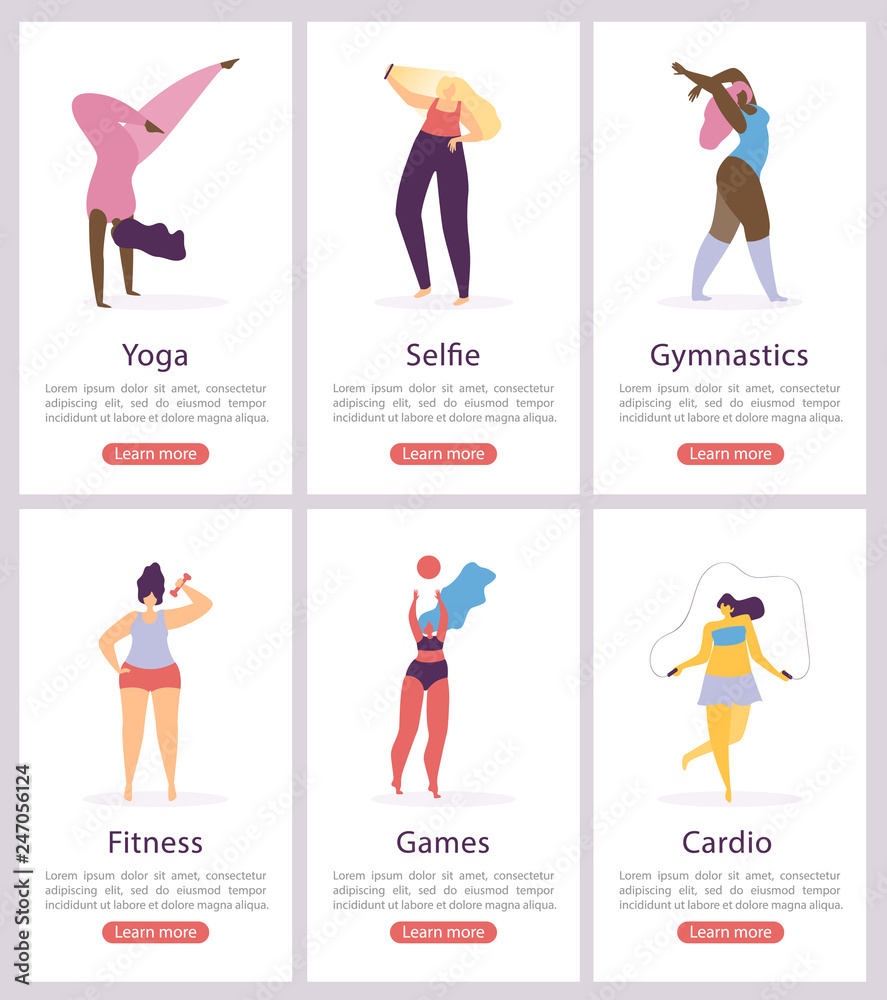 Womens Sports Classes Flat Vector Web Banners Set. Happy Lady Doing Physical Exercise, Dancing and Making Selfie Photo Illustration Isolated on White Background. Sport Club Landing Pages Collection Womens Sports Classes Flat Vector Web Banners Set. Happy Lady Doing Physical Exercise, Dancing and Making Selfie Photo Illustration Isolated on White Background. Sport Club Landing Pages Collection