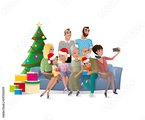 Big Family Christmas Celebration Cartoon Vector Concept with Happy Smiling Relatives Sitting on Sofa with Children, Making Group Portrait near Christmas Tree Illustration Isolated on White Background