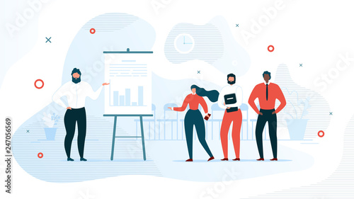 Successful Business Project Presentation, Company Strategy Planning, Statistics Indicators Analysis Flat Vector Concept. Businessman Showing Graphs on Flip Chart for Colleagues in Office Illustration