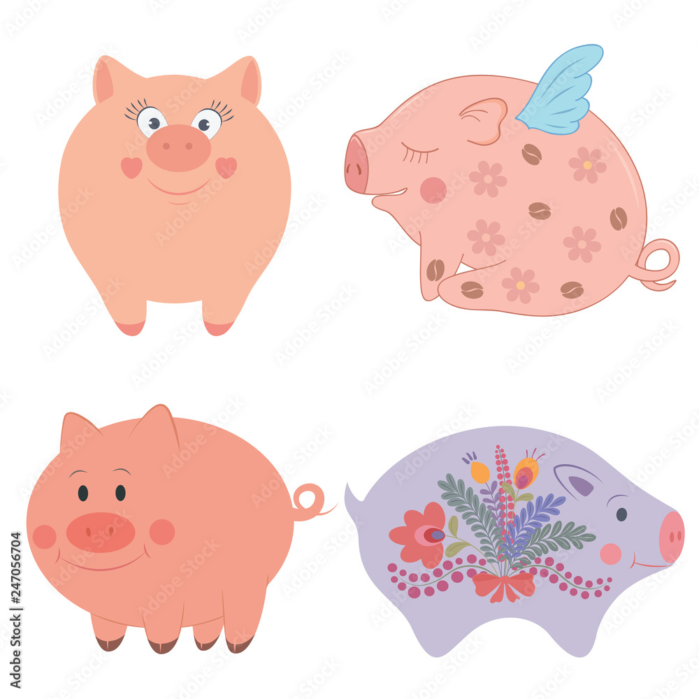 Cute piggies collection. Vector illustration of funny cartoon pigs in different poses. Isolated on white. Cute piggies collection. Vector illustration of funny cartoon pigs in different poses. Isolated on white.