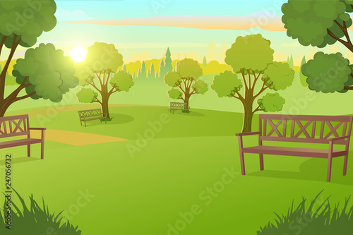 Sunny Day in City Park with Green Grass on Meadow and Benches under Trees Cartoon Vector Illustration. Peaceful Public Place for Leisure, Comfortable Square in Metropolis. Urban Infrastructure Element