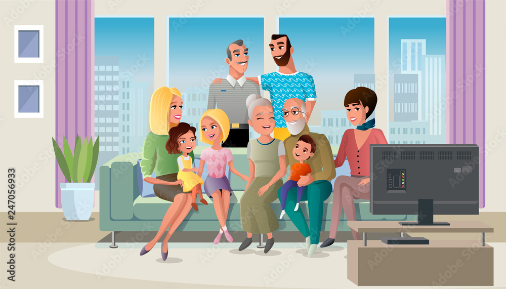 Tree Generations of Big Family Gathered at Home, Spending Time Together  while Sitting at Sofa in Living Room Cartoon Vector Illustration.  Traditional Family Values Concept. Senior Couple with Children Stock Vector  |