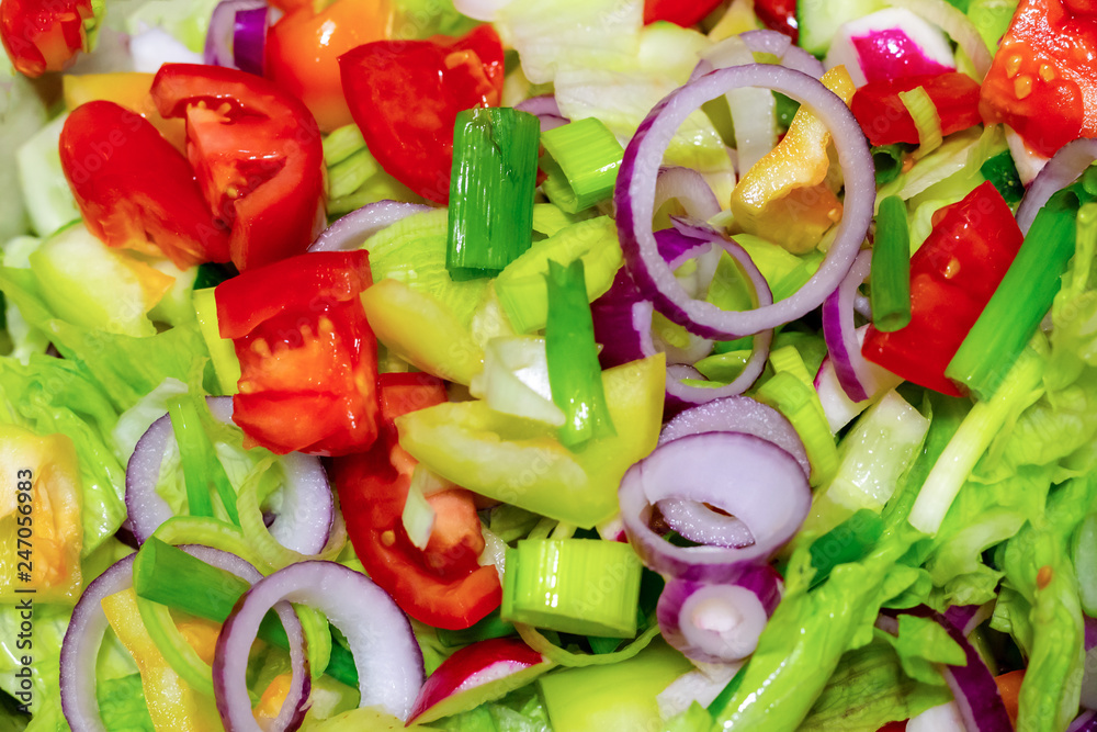 mix of vegetables chopped tomatoes lettuce red onion rings closeup background culinary colorful menu design mix of vegetables chopped tomatoes lettuce red onion rings closeup background culinary colorful menu design