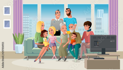 Tree Generations of Big Family Gathered at Home, Spending Time Together while Sitting at Sofa in Living Room Cartoon Vector Illustration. Traditional Family Values Concept. Senior Couple with Children