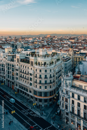 View of Gran Via from the Circulo de Bellas Artes rooftop at sunset  in Madrid  Spain