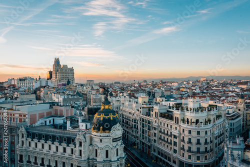 View of Gran Via from the Circulo de Bellas Artes rooftop at sunset, in Madrid, Spain